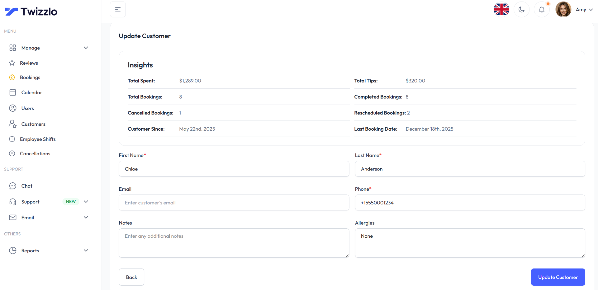 Twizzlo client profile showing spend, bookings, allergies and notes