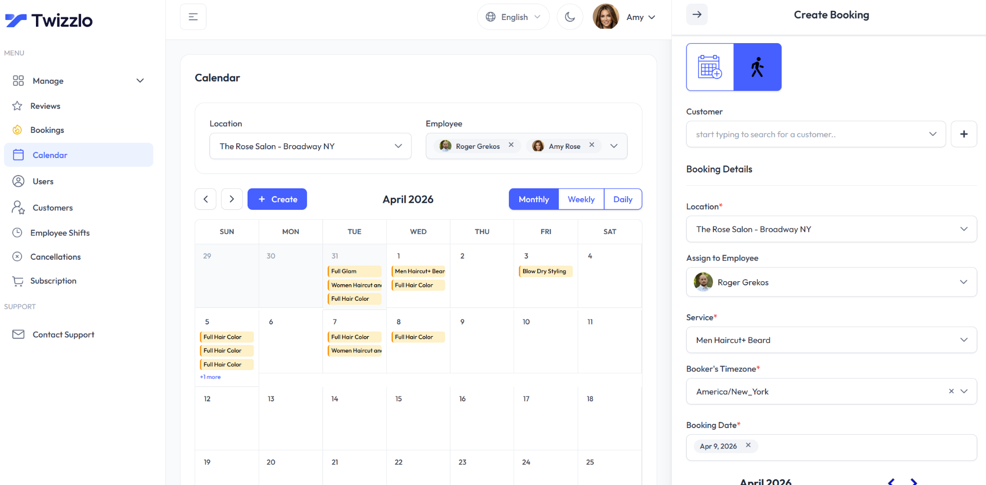 Twizzlo drag-and-drop calendar with per-staff bookings and create-booking panel